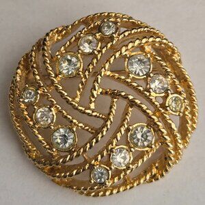 Vintage Yellow Gold Color 1 3/8" Round Brooch with 12 mounted clear stones
